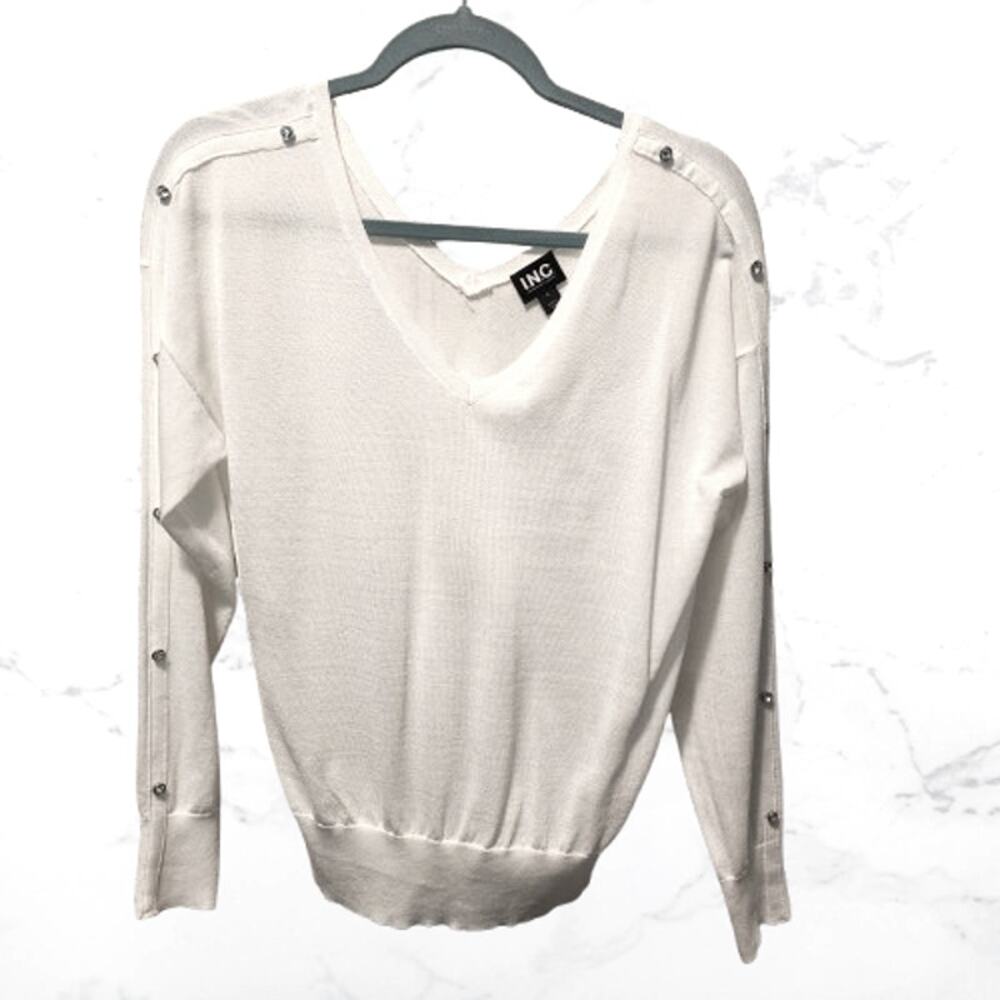 INC White Deep V-Neck Sweater NWT Rhinestone Button Accents Small